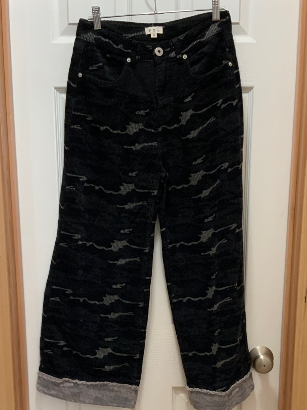POL Black & Grey Camouflage Wide-Leg Corduroy Pants